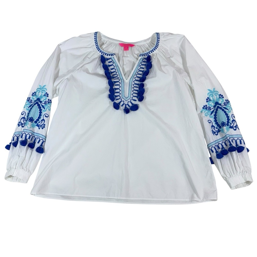Lilly Pulitzer Kaydence Tunic Top Women's Sz Lg White Blue Embroidered Boho